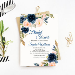 Navy Blue & Blush Floral Bridal Shower Invitation
