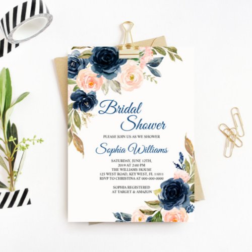 Navy Blue  Blush Floral Bridal Shower Invitation