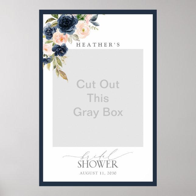 Navy Blue & Blush Floral Bridal Shower Photo Booth Poster (Front)