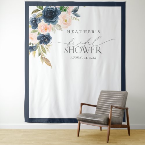 Navy Blue  Blush Floral Bridal Shower Photo Booth Tapestry