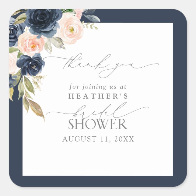 Navy Blue & Blush Floral Bridal Shower Thank You Square Sticker (Front)