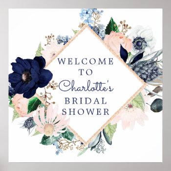 Navy Blue & Blush Floral Bridal Shower Welcome Poster by celebrateitweddings at Zazzle