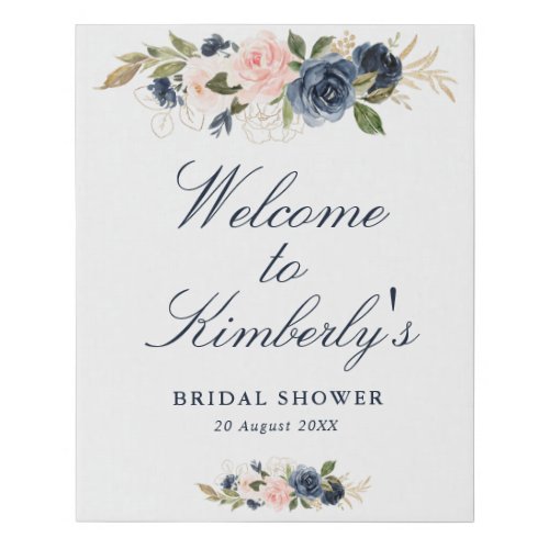 navy blue blush floral bridal shower welcome sign