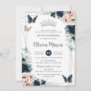 Navy Blue Blush Floral Butterflies Quinceañera Invitation