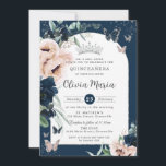 Navy Blue Blush Floral Butterflies Quinceañera Invitation<br><div class="desc">Personalize this elegant Quinceañera / Sweet 16 birthday invitation easily and quickly. Simply click the customize it further button to edit the texts, change fonts and fonts colors. Featuring beautiful watercolor navy blue and blush flowers, butterflies and a silver princess crown. Matching items available in store. Also great for twins...</div>