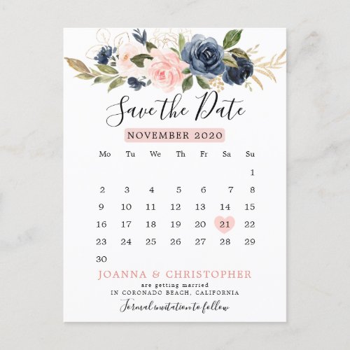 Navy blue blush floral calendar Save the date Announcement Postcard