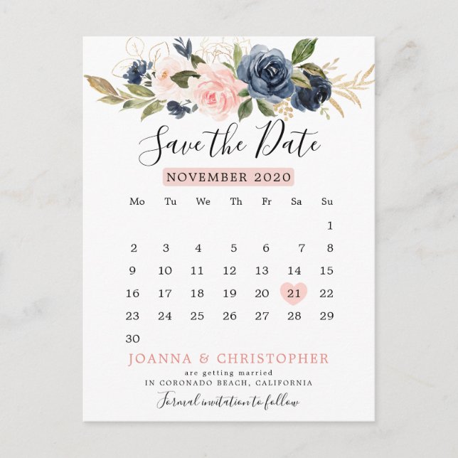 Navy blue blush floral calendar Save the date Announcement Postcard (Front)