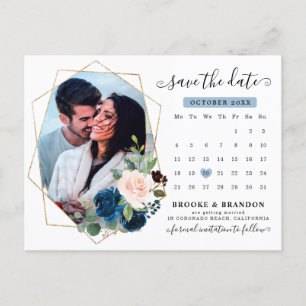Navy Blue Blush Floral Calendar Save the Date Postcard