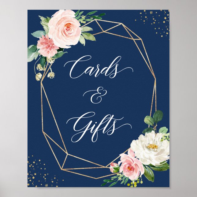 Navy Blue Blush Floral Cards and Gifts Sign (Front)
