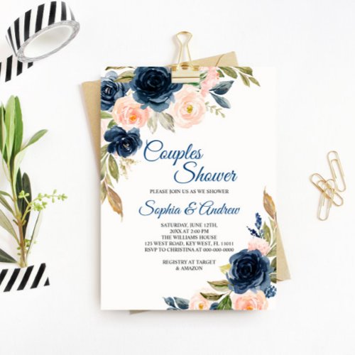 Navy Blue  Blush Floral Couples Shower Invitation