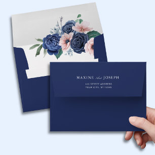 Navy Blue & Blush Floral Geometric Wedding Envelope