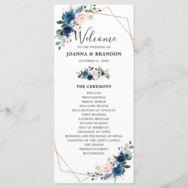 Navy Blue Blush Floral Geometric Wedding Program (Front)