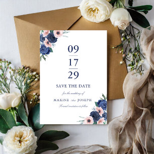 Navy Blue & Blush Floral Geometric Wedding Save The Date