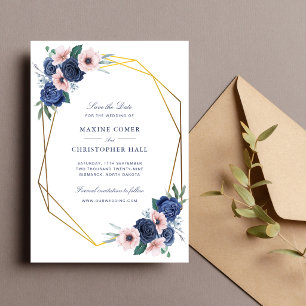 Navy Blue & Blush Floral Geometric Wedding Save The Date
