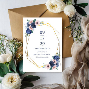 Navy Blue & Blush Floral Geometric Wedding Save The Date