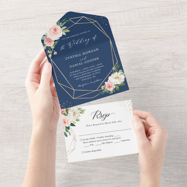 Navy Blue Blush Floral Gold Geometric Wedding All In One Invitation (Tearaway)