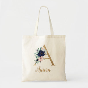 Navy Blue Blush Floral Gold Letter A Tote Bag