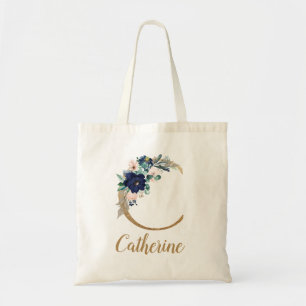Navy Blue Blush Floral Gold Letter C Tote Bag