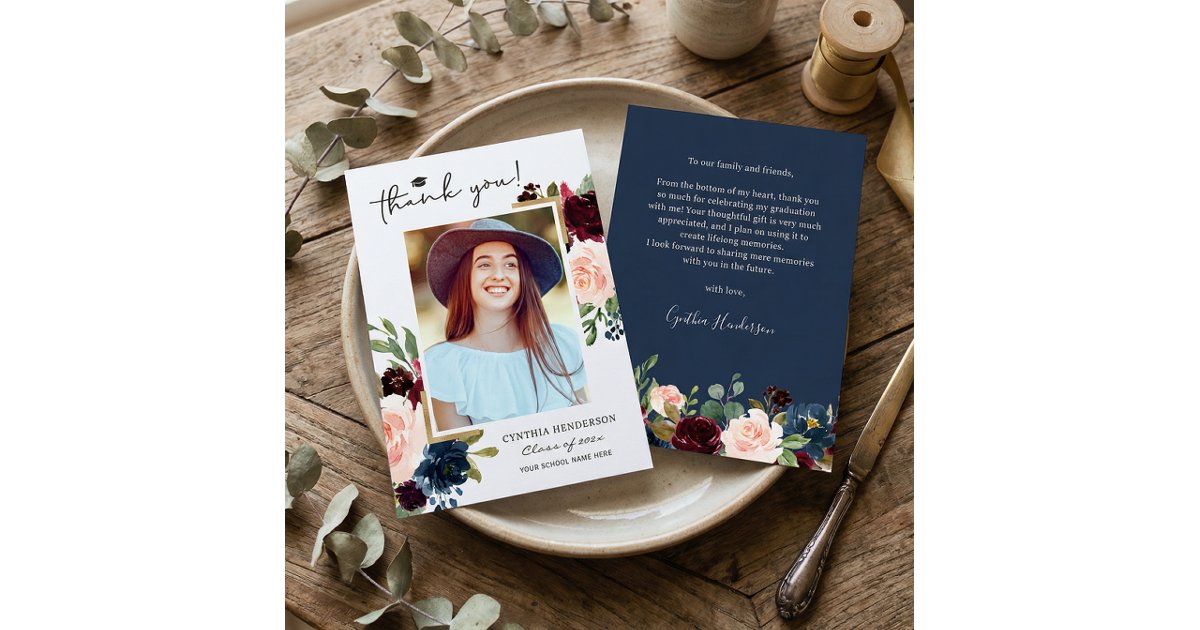 Navy Blue Blush Floral Graduation Photo Thank You Card | Zazzle