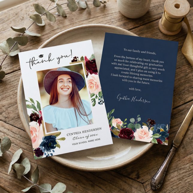 Navy Blue Blush Floral Graduation Photo Thank You Card (Creator Uploaded)