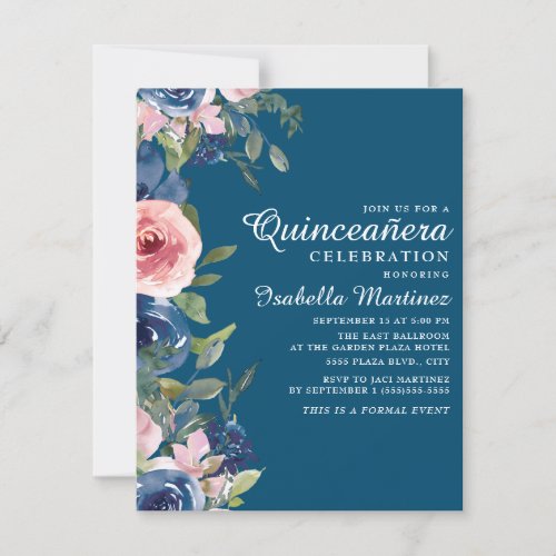 Navy Blue Blush Floral Green Leaves Quinceaera Invitation