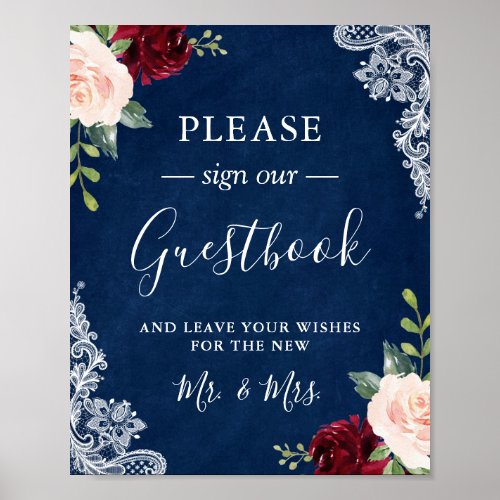 Navy Blue Blush Floral Lace Wedding Guestbook Sign