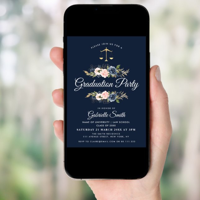 Navy blue blush floral law school graduation party invitation (Front Digital)
