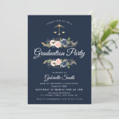 Navy blue blush floral law school graduation party invitation (Standing Front)