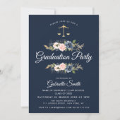 Navy blue blush floral law school graduation party invitation (Front)