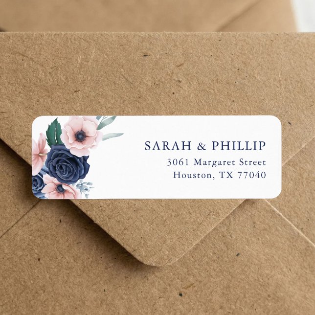 Navy Blue & Blush Floral Return Address  Label (Navy blue and blush floral return address label adds polished style to every envelope.)