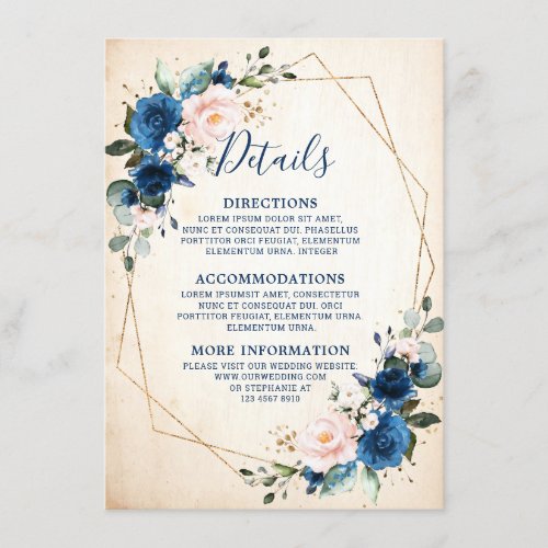 Navy Blue Blush Floral Rustic Geometric Wedding Enclosure Card