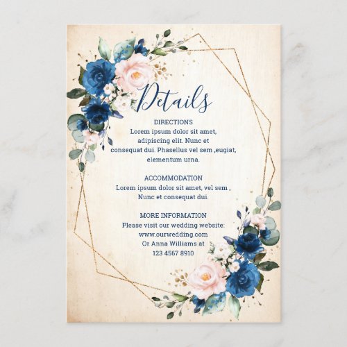 Navy Blue Blush Floral Rustic Geometric Wedding Enclosure Card