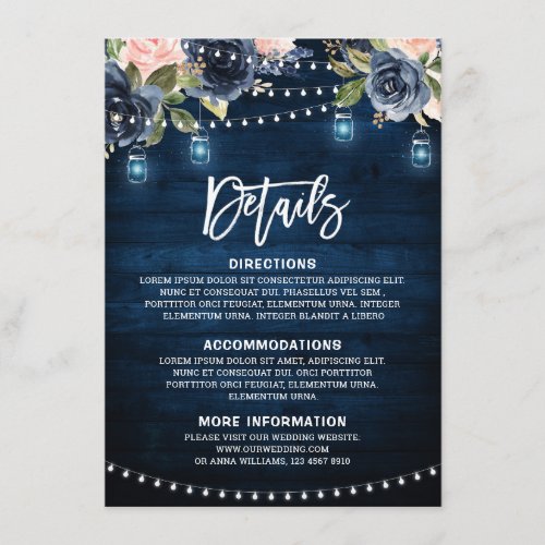 Navy Blue Blush Floral Rustic String Light Details Enclosure Card