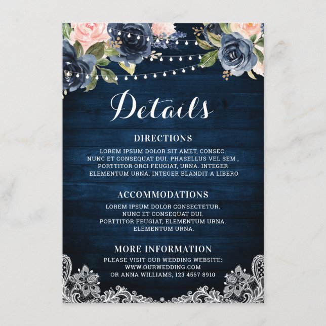 Navy Blue Blush Floral Rustic String Light Details Enclosure Card (Front)
