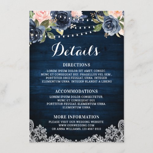 Navy Blue Blush Floral Rustic String Light Details Enclosure Card