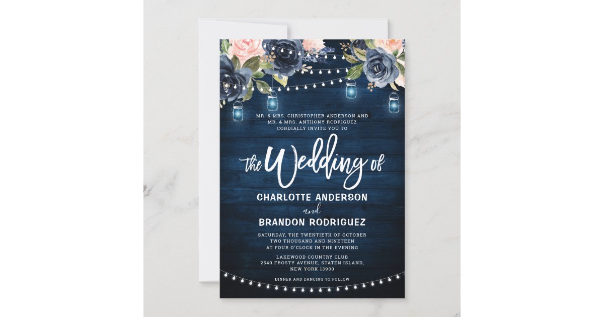 Navy blue string lights wedding save the date with photos, save