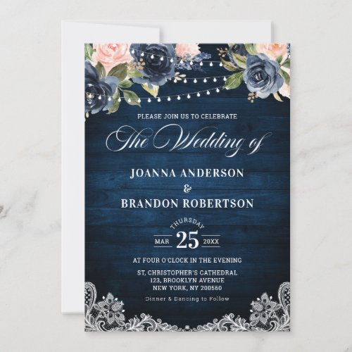 Navy Blue Blush Floral Rustic String Light Wedding