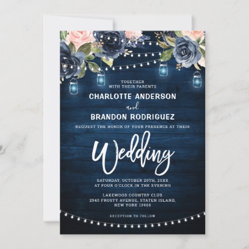 Navy Blue Blush Floral Rustic String Light Wedding Invitation