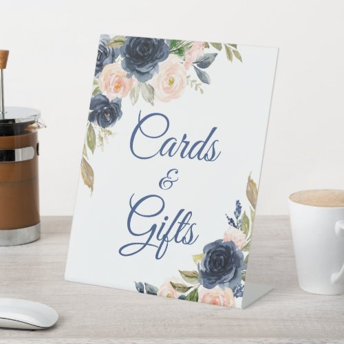 Navy Blue  Blush Floral Shower Cards and Gifts Pedestal Sign