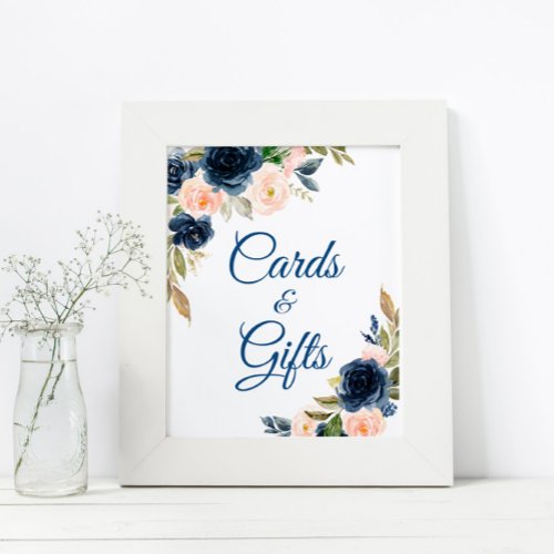 Navy Blue  Blush Floral Shower Cards and Gifts Poster