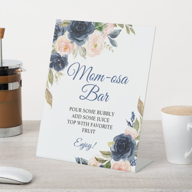 Navy Blue & Blush Floral Shower Momosa Bar Sign (In SItu)