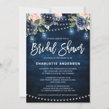 Navy Blue Blush Floral String Light Bridal Shower Invitation by blissweddingpaperie at Zazzle