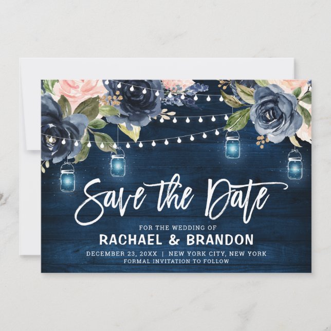 Navy Blue Blush Floral String Light Save the Date (Front)