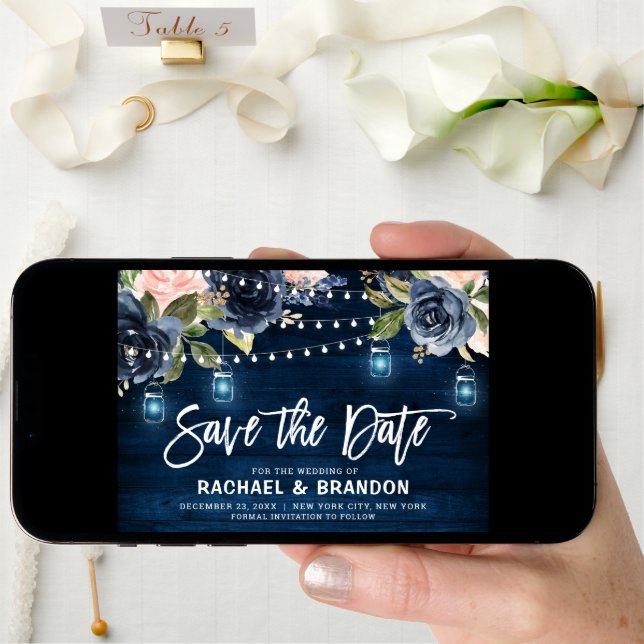 Navy Blue Blush Floral String Light Save the Date (Front Digital)
