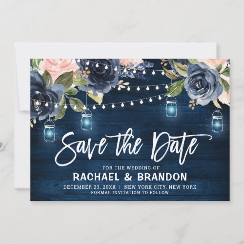 Navy Blue Blush Floral String Light Save the Date