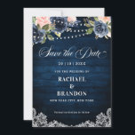 Navy Blue Blush Floral String Light Save the Date<br><div class="desc">Watercolor navy blue blush pink rustic wood country classy chic floral design with string lights save the date card template with sage green botanical foliage and eucalyptus leaves in wooden background. This beautiful easy to customize design can match easily with your wedding colors, styles and theme and it is a...</div>