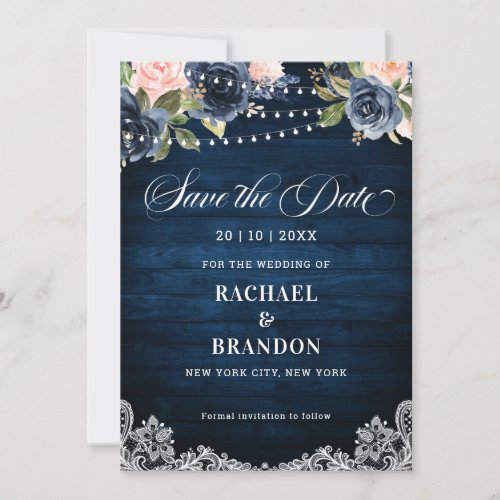 Navy Blue Blush Floral String Light Save the Date