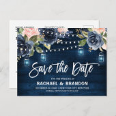 Navy Blue Blush Floral String Light Save the Date Postcard (Front/Back)