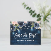 Navy Blue Blush Floral String Light Save the Date Postcard (Standing Front)