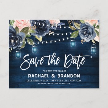 Navy Blue Blush Floral String Light Save The Date Postcard by blissweddingpaperie at Zazzle